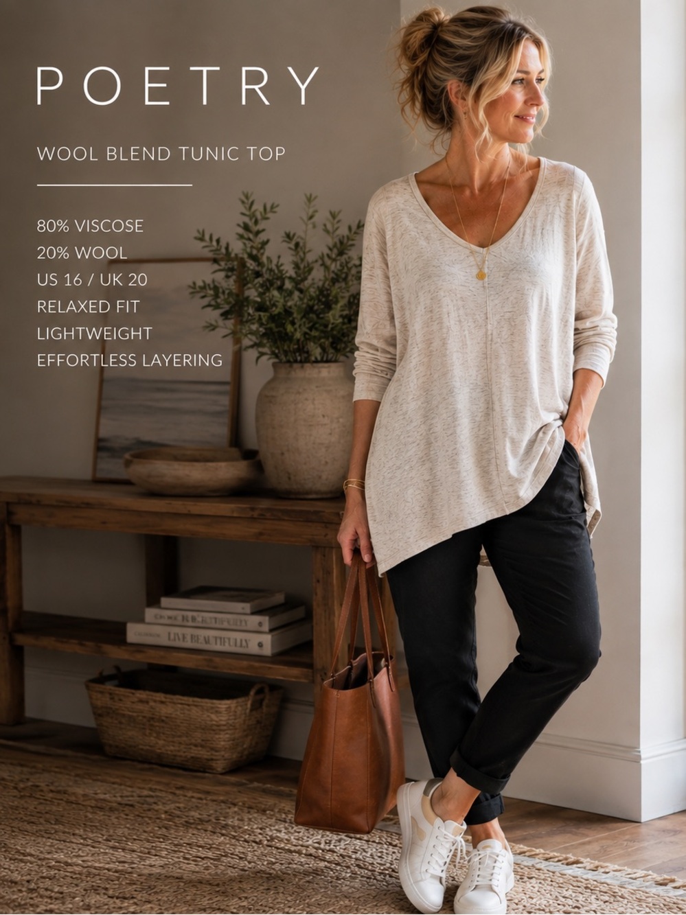 Poetry V527 Wool Blend Oversized Lagenlook Tunic Top Oatmeal US 16